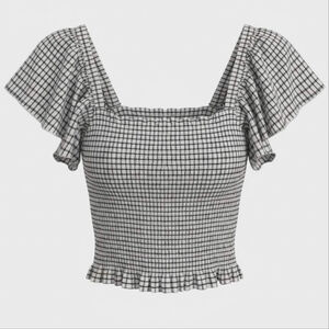 Anthropologie Maeve Crinkle Gingham Smocked Top Ruffle Flutter Sleeve Medium EUC
